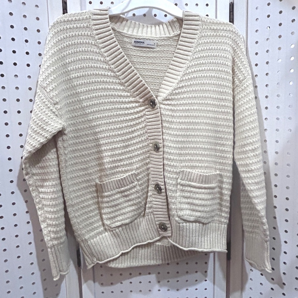 SONOMA Textured Knit Button Front Cardigan Sweater Beige Women's Size S